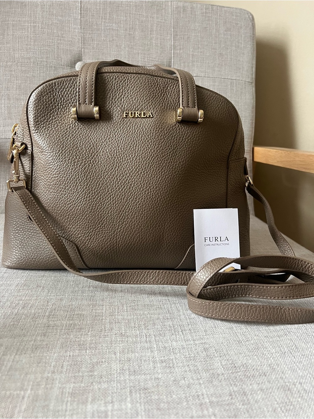 Furla Pebbled Leather Dome Satchel in Taupe Brown. 15”x10”. Excellent condition.